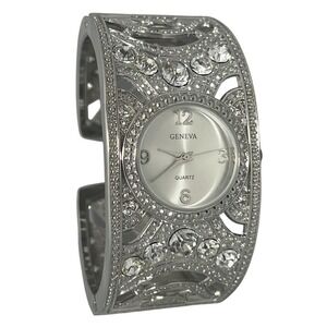 Geneva Women's Silver-Tone Crystal Cuff Bangle Watch Quartz Untested